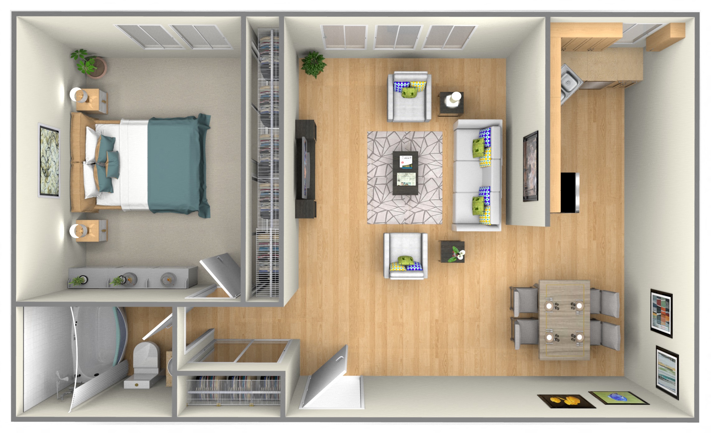 Floor plan for 1 bed, 1 bath, 750 sqft